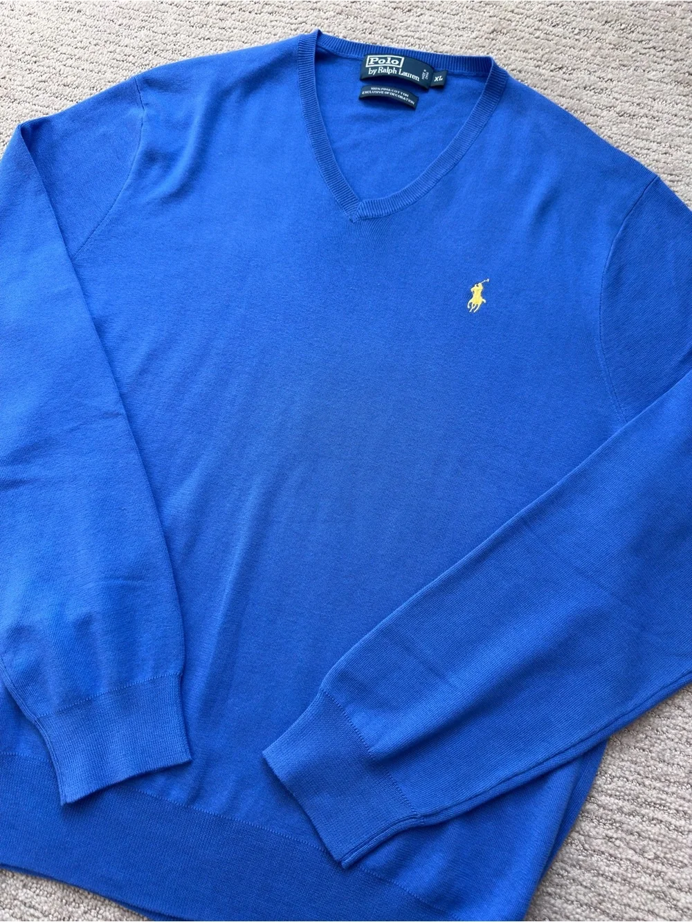 Polo Ralph Lauren Pima Cotton V-Neck Sweater Blue Yellow Pony Men’s XL Preppy
